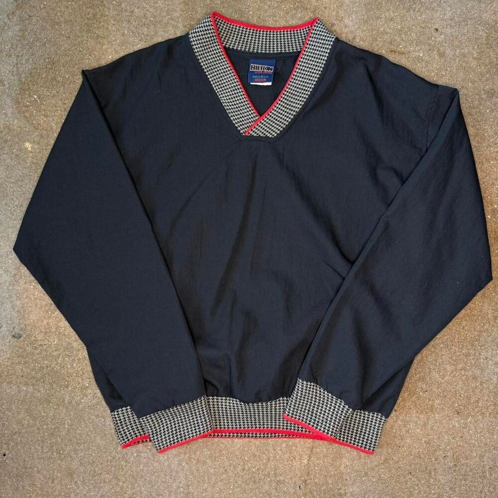 Vintage Hilton Men's Black and Navy Windbreaker V Neck Medium Made in USA